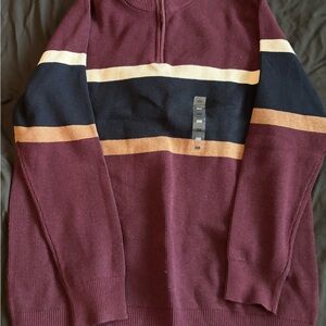 Kohl's Men's Burgundy Half-Zip Sweater with Navy, Cream & Tan Stripes